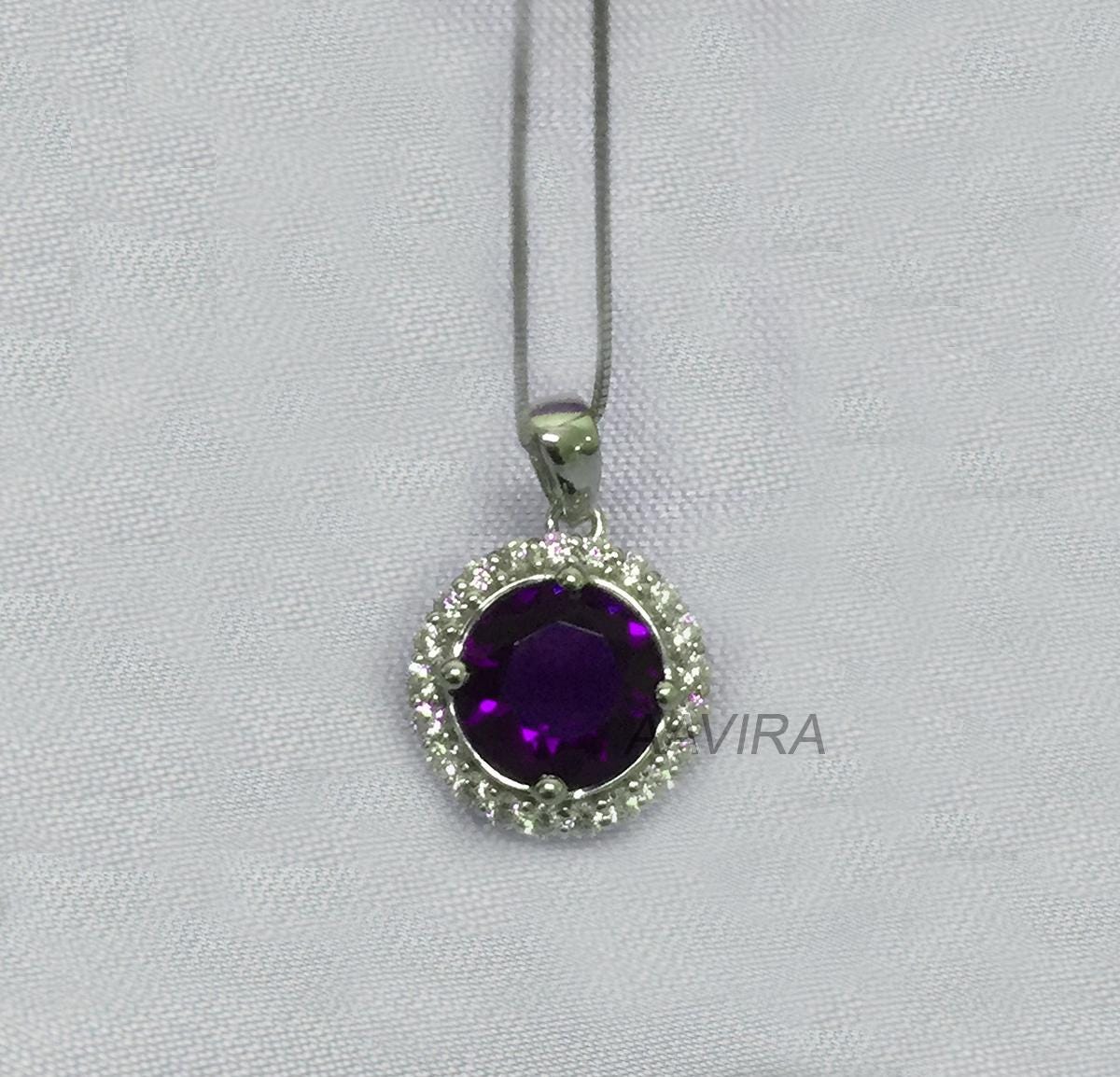 Purple Amethyst Round Halo Pendant, Amethyst Pendant With Box Chain, Halo Diamond Pendant, Gemstone Pendant, Delicate Pendant For Women Gift