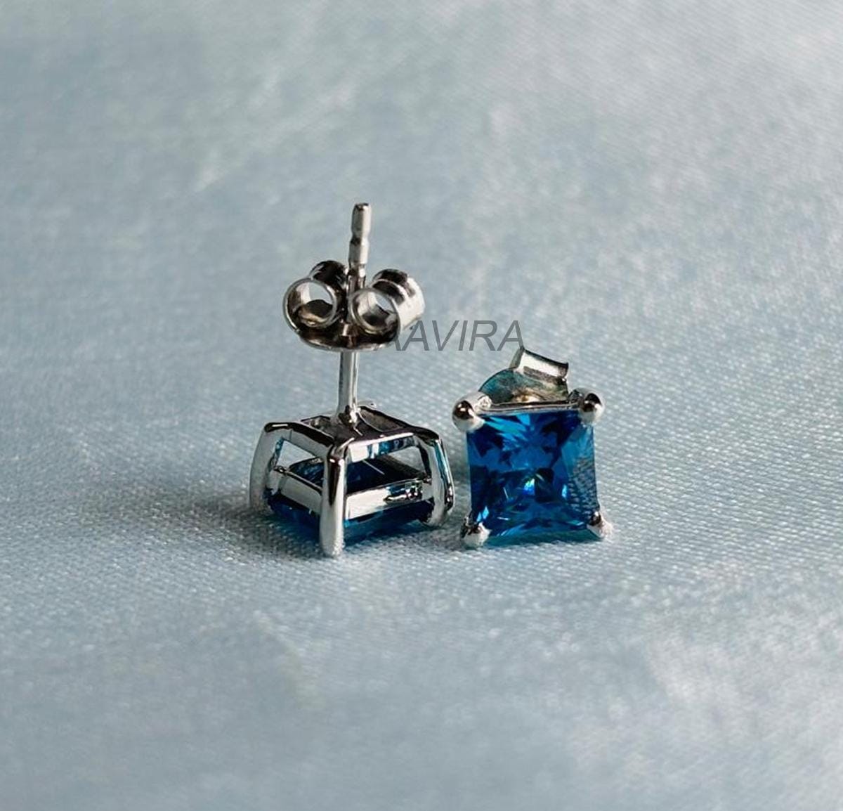 Aquamarine Blue Stud Earrings, Blue Stone Earrings, Everyday Stud Earrings, 14k White Gold Princess Stud, Princess Earrings, Gift for Women