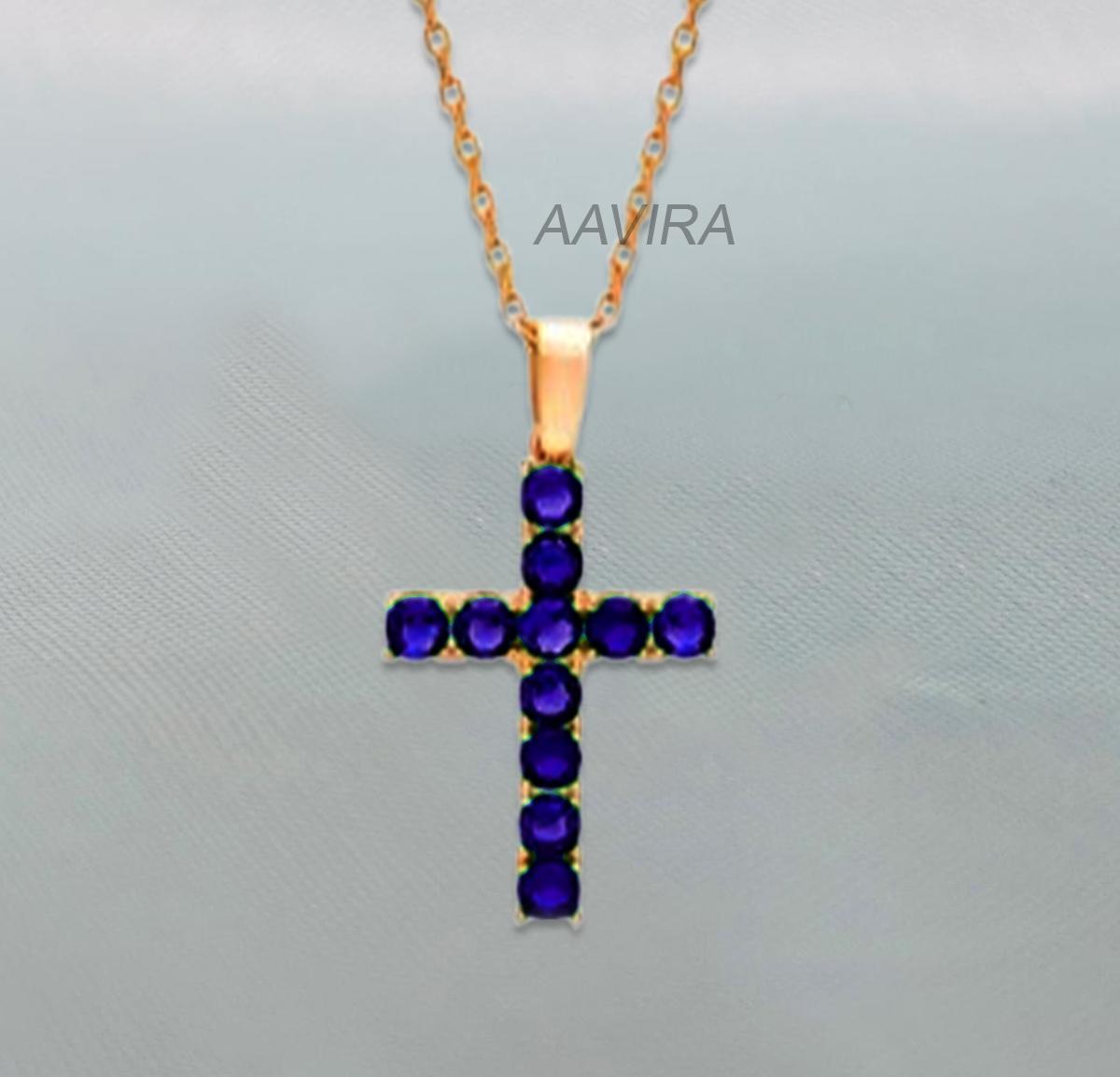 Dainty Blue Sapphire Cross Necklace, September Birthstone Pendant For Women, Anniversary Gift, London Blue Topaz Cross, Cross Jewelry Gift