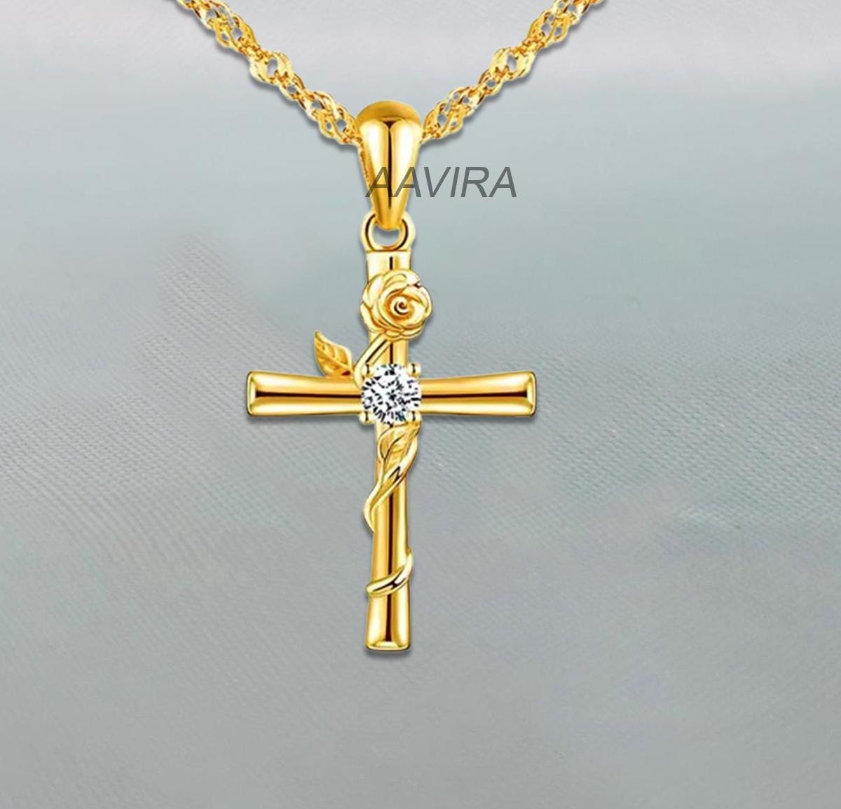 Single Stone Cross Necklace, Dainty Necklace, Floral Cross Necklace, Minimalist Cross Necklace, Moissanite Cross Necklace For Women, Gifts