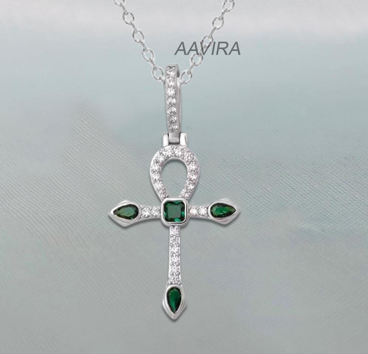 Bezel Set Princess Green Emerald Necklace, Pear Emerald Necklace, Cross Jewelry, Religious Cross Necklace, Anniversary Gift For Her, Gifts