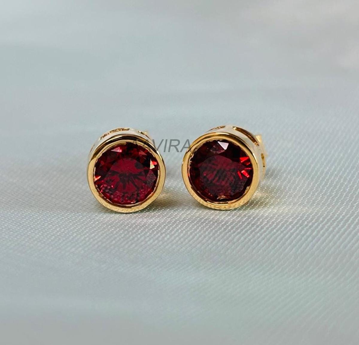 Dainty Red Ruby Stud Earrings, Bezel Set Earrings, Gemstone Earrings, 14k Yellow Gold Plated, Pushback Earrings, Gifts For Girlfriend