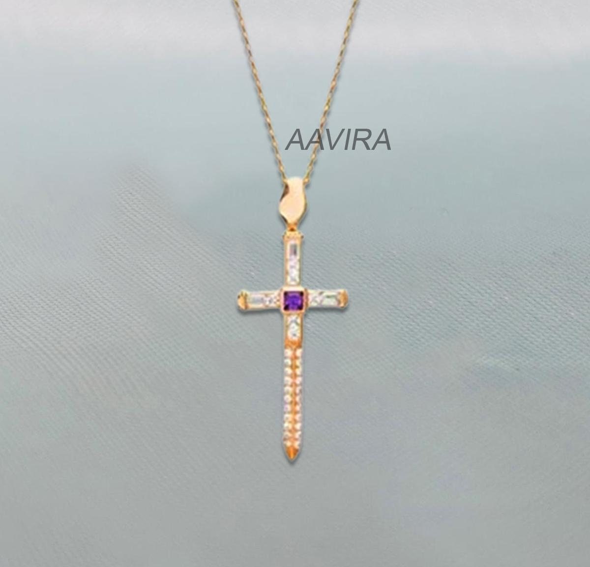Amethyst Princess Cross Necklace, Purple Stone Cross Pendant, Religious Necklace For Her, Silver Cross Necklace, Diamond Cross Necklace