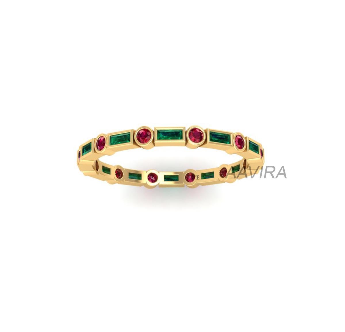 Baguette Cut Green Emerald Ring, Minimalist Gemstone Band Ring, Ruby Ring, Engagement Ring, Wedding Band, Alternate Bridesmaid Gift