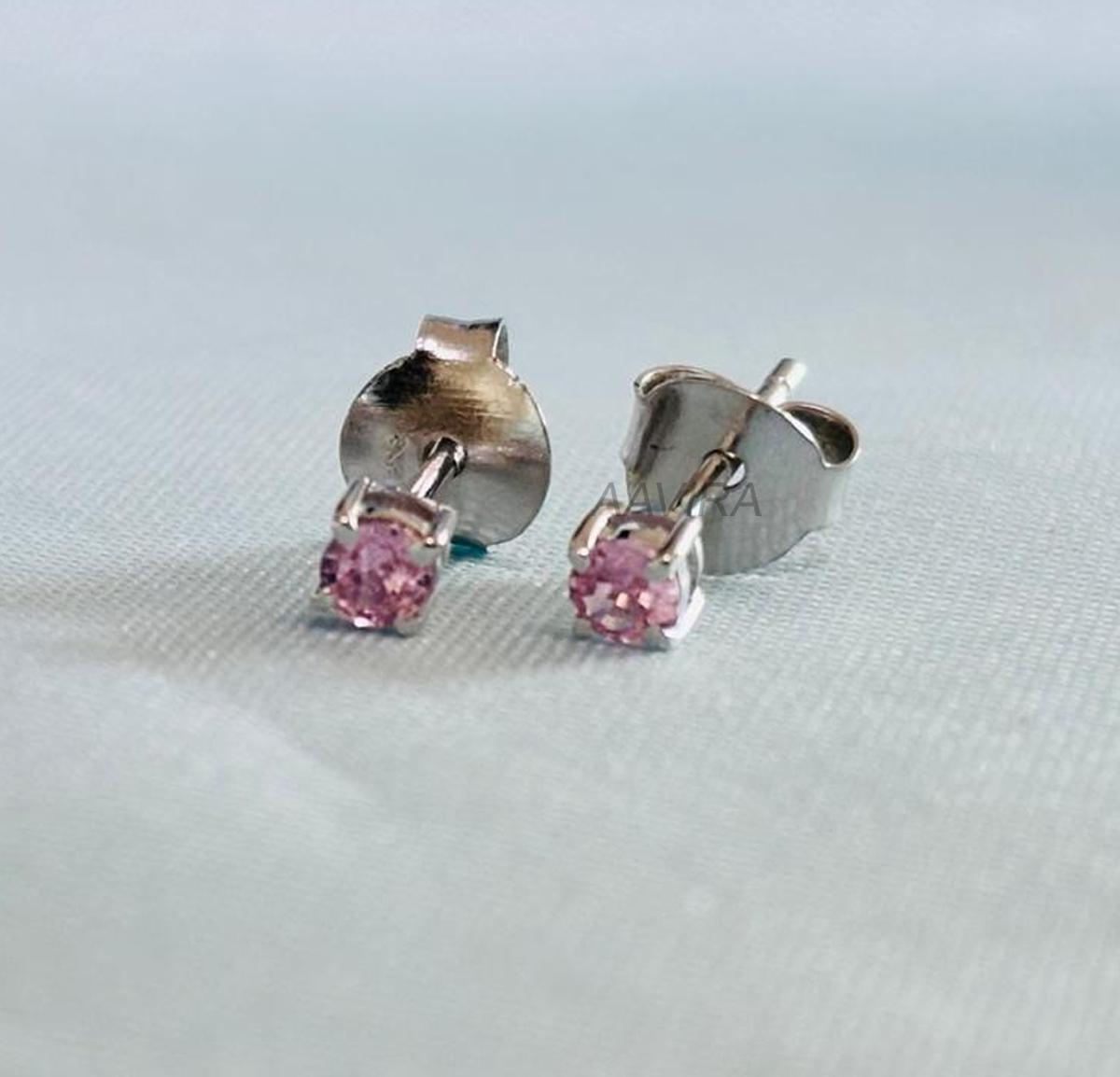 Pink Sapphire Studs, Round Stud Earrings, 3mm Round Pink Sapphire Earrings, Silver Gemstone Earrings, Gift, Everyday Pink Stone Earrings