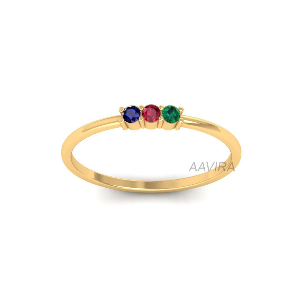 Tiny Three Stone Ring, Multi Stone Gemstone Ring, Travel Ring, Sapphire Ring, 14k Yellow Gold Dainty Band, Christmas Gift, Promise Ring Gift