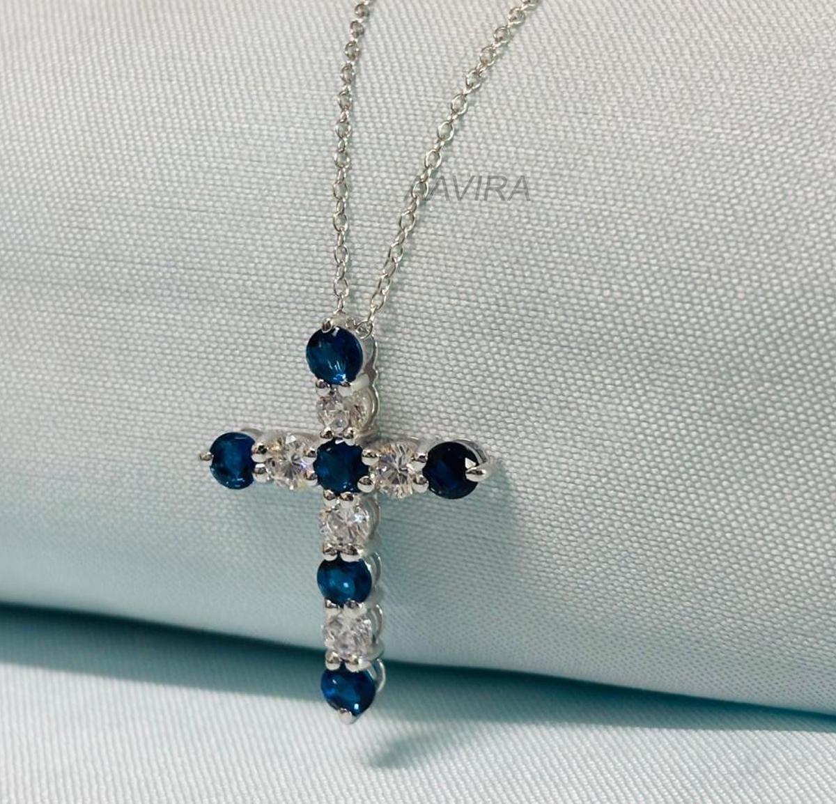 Sapphire Diamond Cross Pendant, Cross Necklace, Religious Cross Pendant, Sapphire Cross Pendant, Silver Cross Pendant, September Birthstone