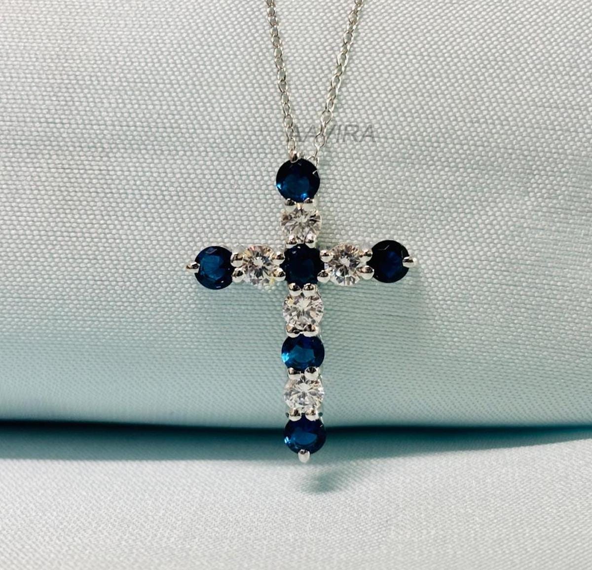 Sapphire Diamond Cross Pendant, Cross Necklace, Religious Cross Pendant, Sapphire Cross Pendant, Silver Cross Pendant, September Birthstone