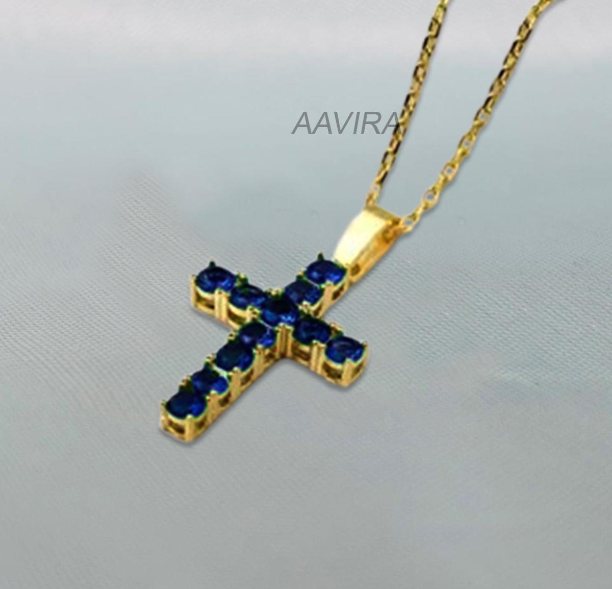 Dainty Blue Sapphire Cross Necklace, September Birthstone Pendant For Women, Anniversary Gift, London Blue Topaz Cross, Cross Jewelry Gift