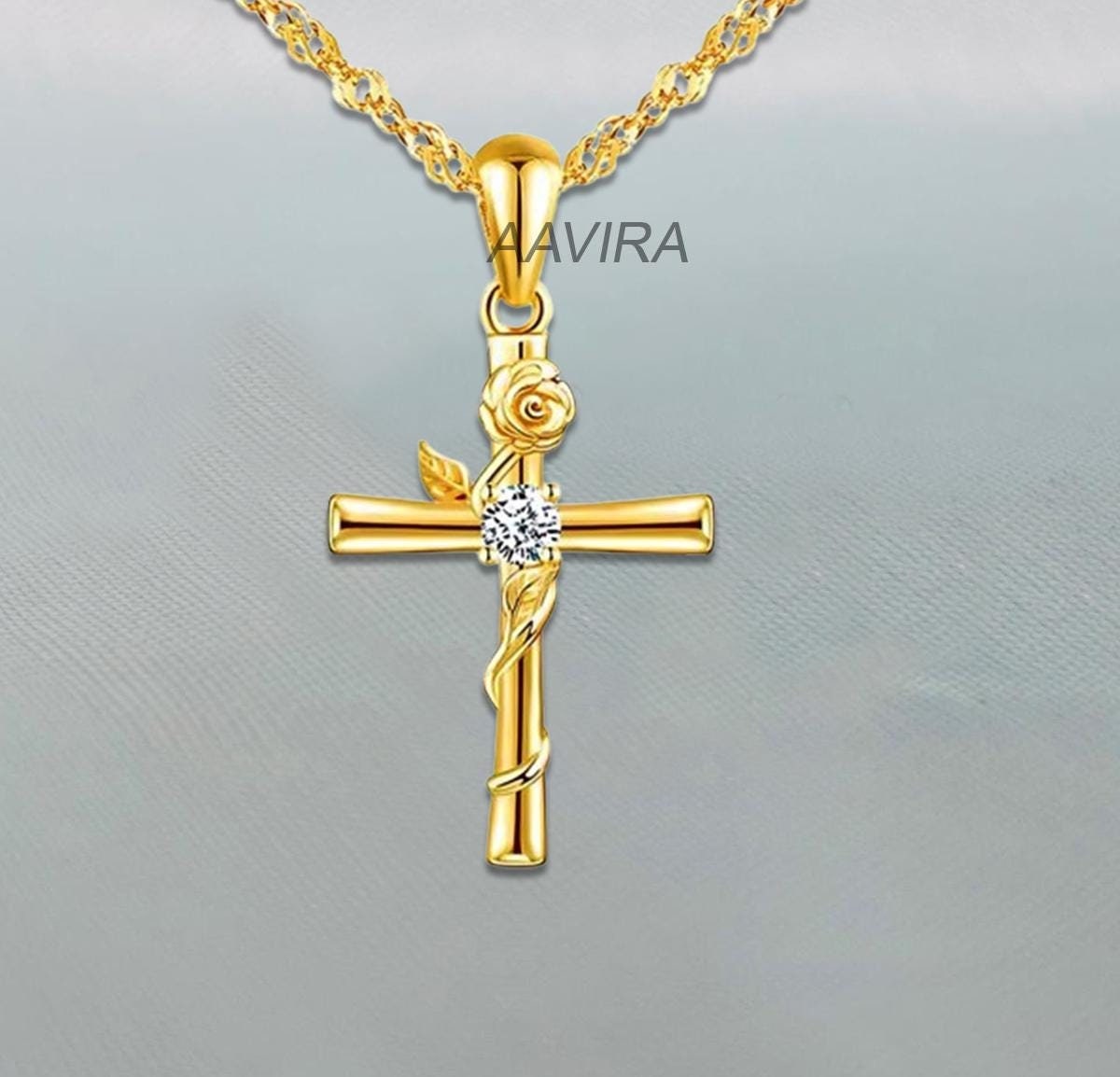 Single Stone Cross Necklace, Dainty Necklace, Floral Cross Necklace, Minimalist Cross Necklace, Moissanite Cross Necklace For Women, Gifts