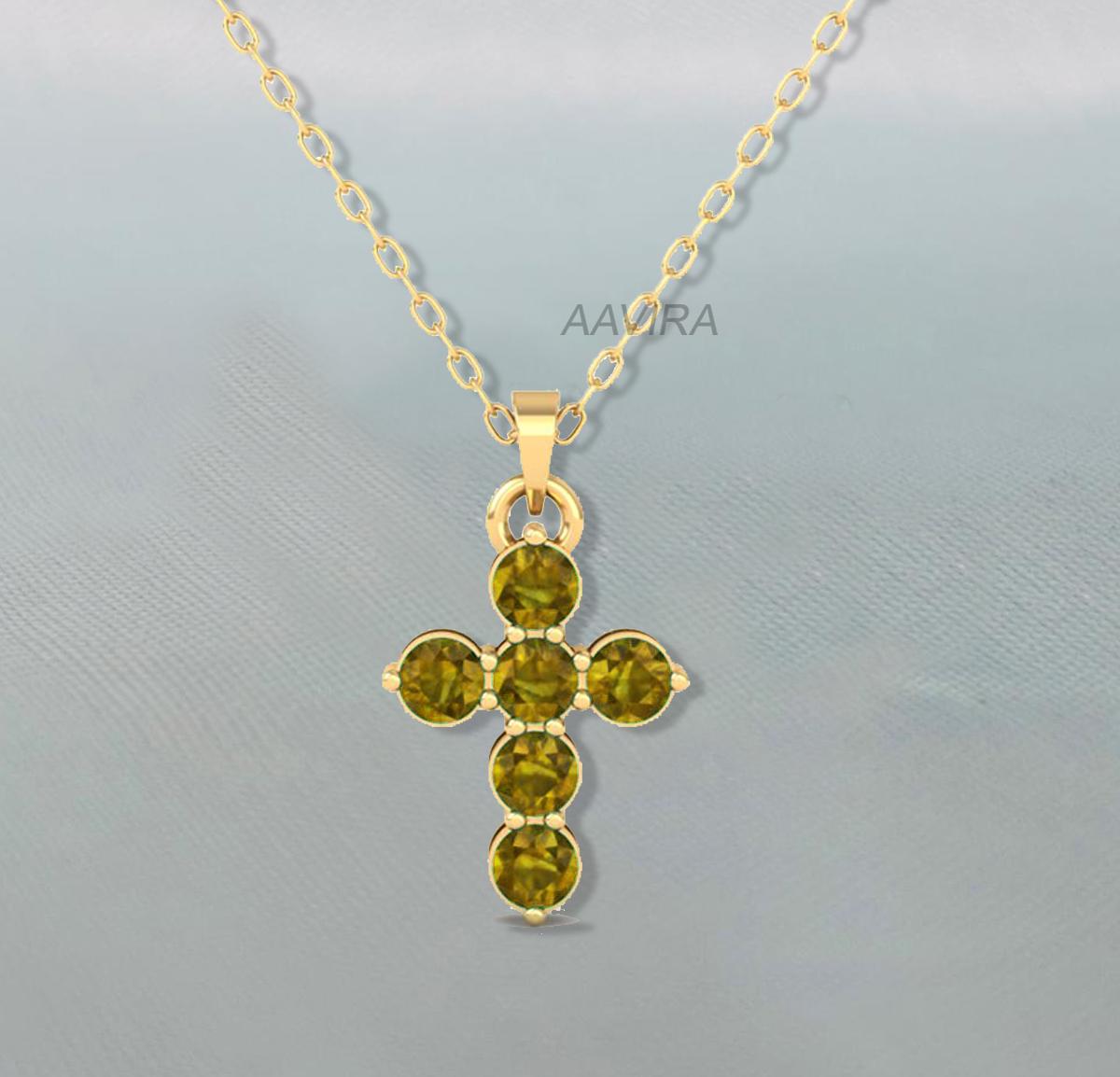 Dainty Cross Necklace, Emerald Cross Necklace, Prong Set Necklace, Green Emerald Pendant, Women's Pendant, Peridot Cross Necklace Women Gift