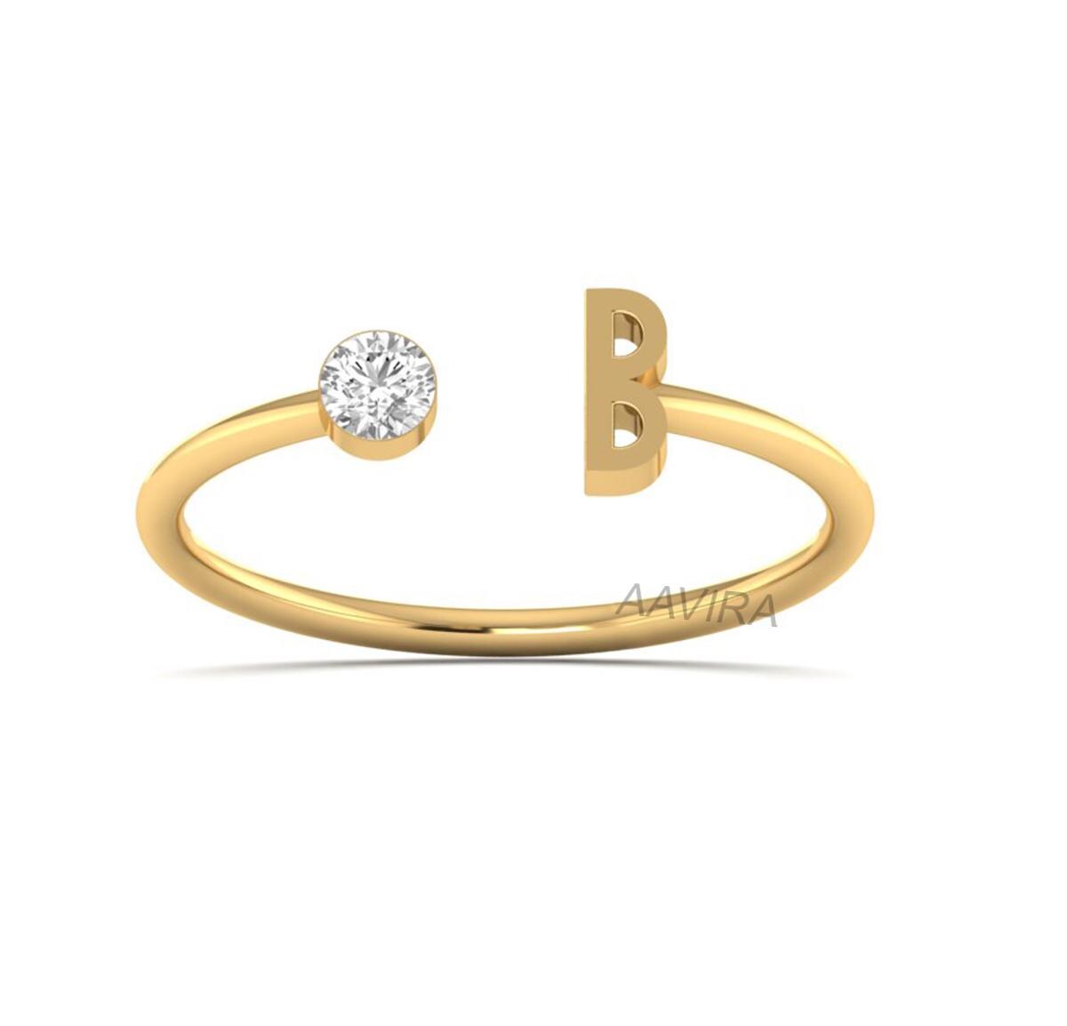 Alphabet Open Cuff Moissanite Diamond Ring, Initial Letter B Ring, Minimalist Bezel Set Ring, Name Letter Ring, Personalized Gift For Her