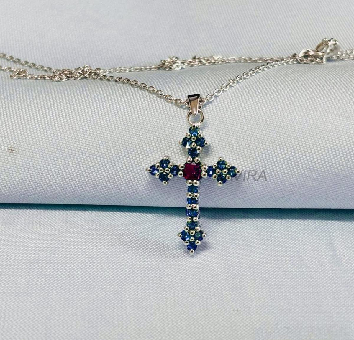 Christian Cross Pendant, Ruby & Sapphire Cross Pendant Necklace, Blue Sapphire Gemstone Pendant, Cross Necklace With Chain, Christmas Gift