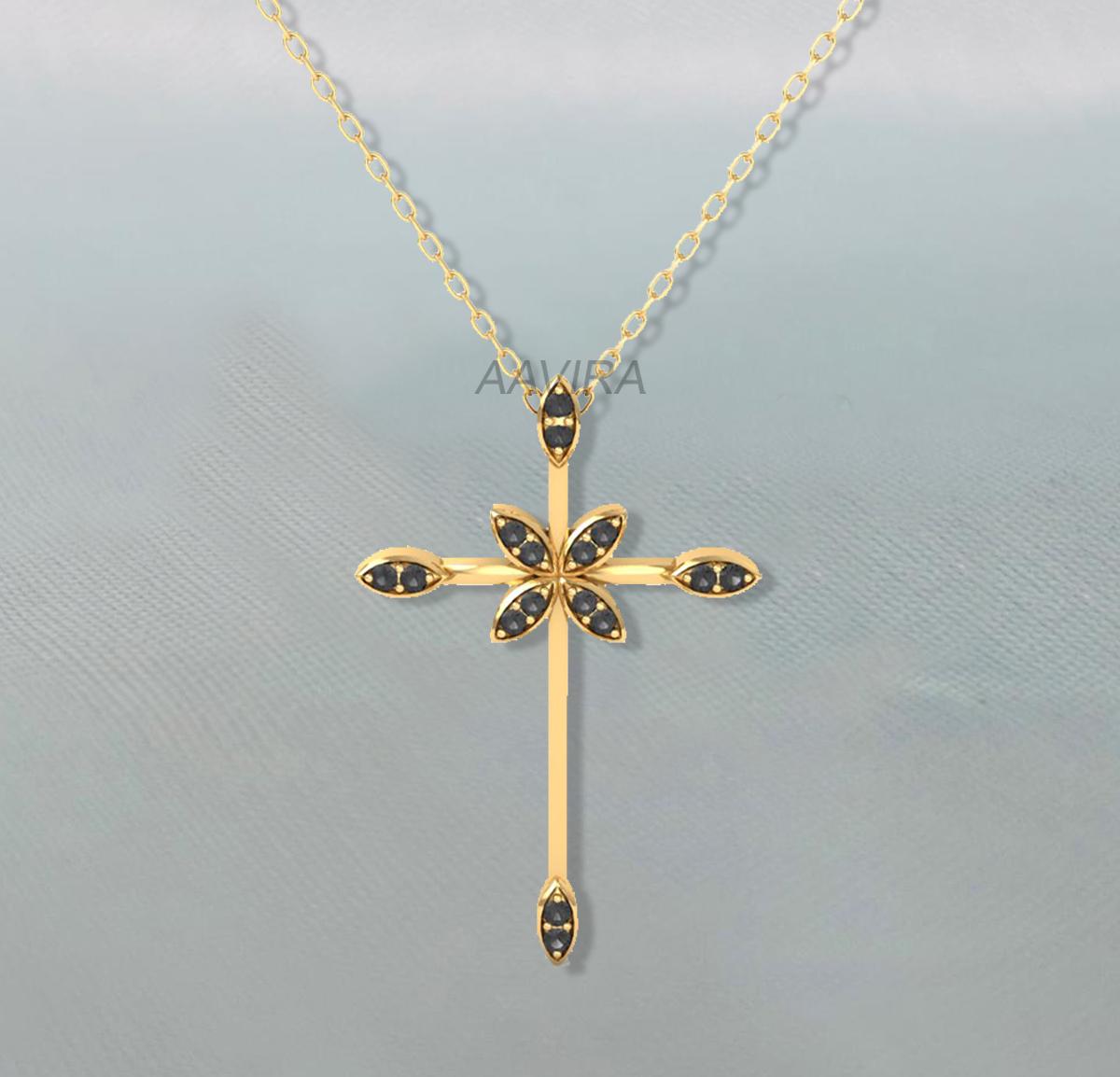 Black Diamond Cross Pendant, Cross Necklace, Delicate Cross Pendant, Silver Cross Pendant, Religious Cross Pendant, Diamond Jewelry, Gift