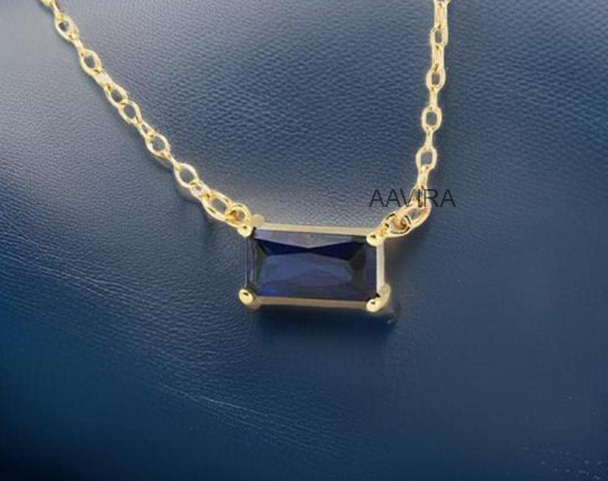 Dainty Blue Sapphire Pendant, Blue Baguette Pendant, Thin Baguette Necklace, Baguette Chain Pendant Necklace, Solitaire Birthstone Pendant