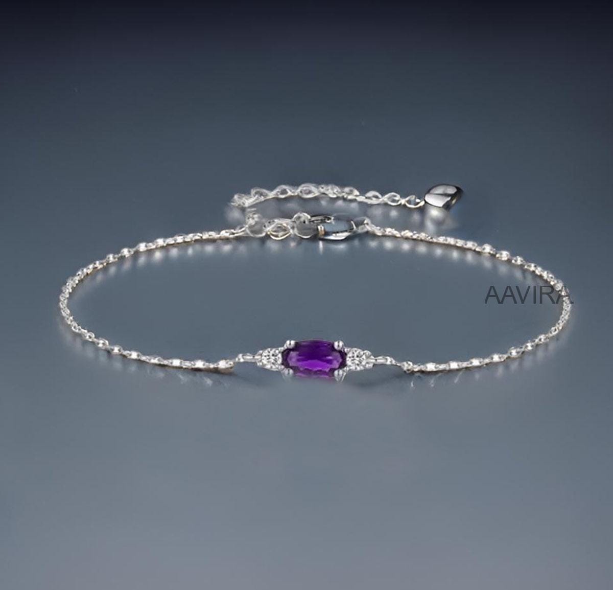 Amethyst Bracelet, Oval Cut Amethyst Bracelet for Women, February Birthstone Bracelet, Purple Stone Jewelry, Amethyst & Diamond Bracelet Her