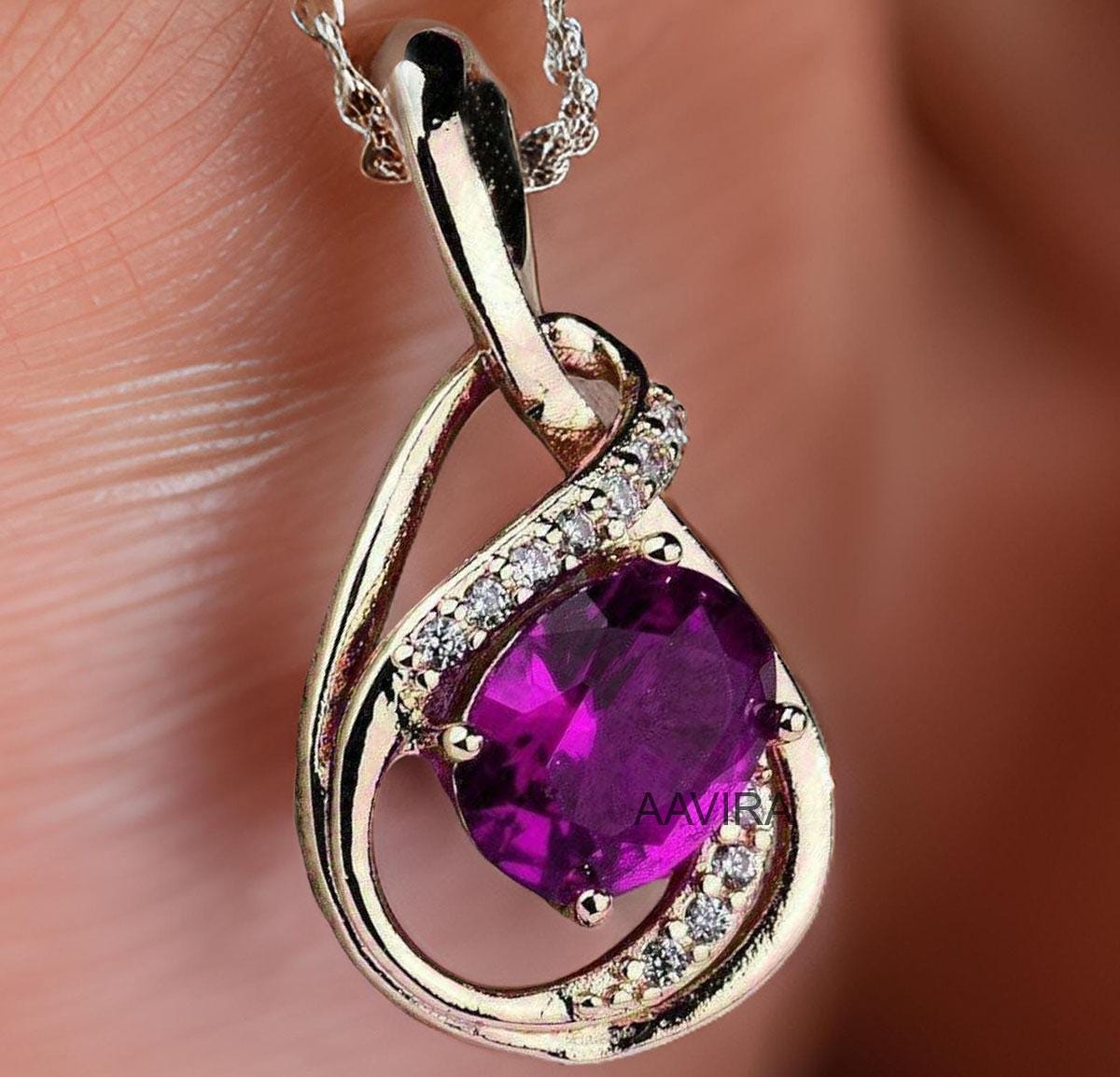 Amethyst Necklace, Oval Amethyst Necklace, Amethyst Diamond Pendant, Gemstone Jewelry, Women's February Birthstone Pendant, Gift for Her