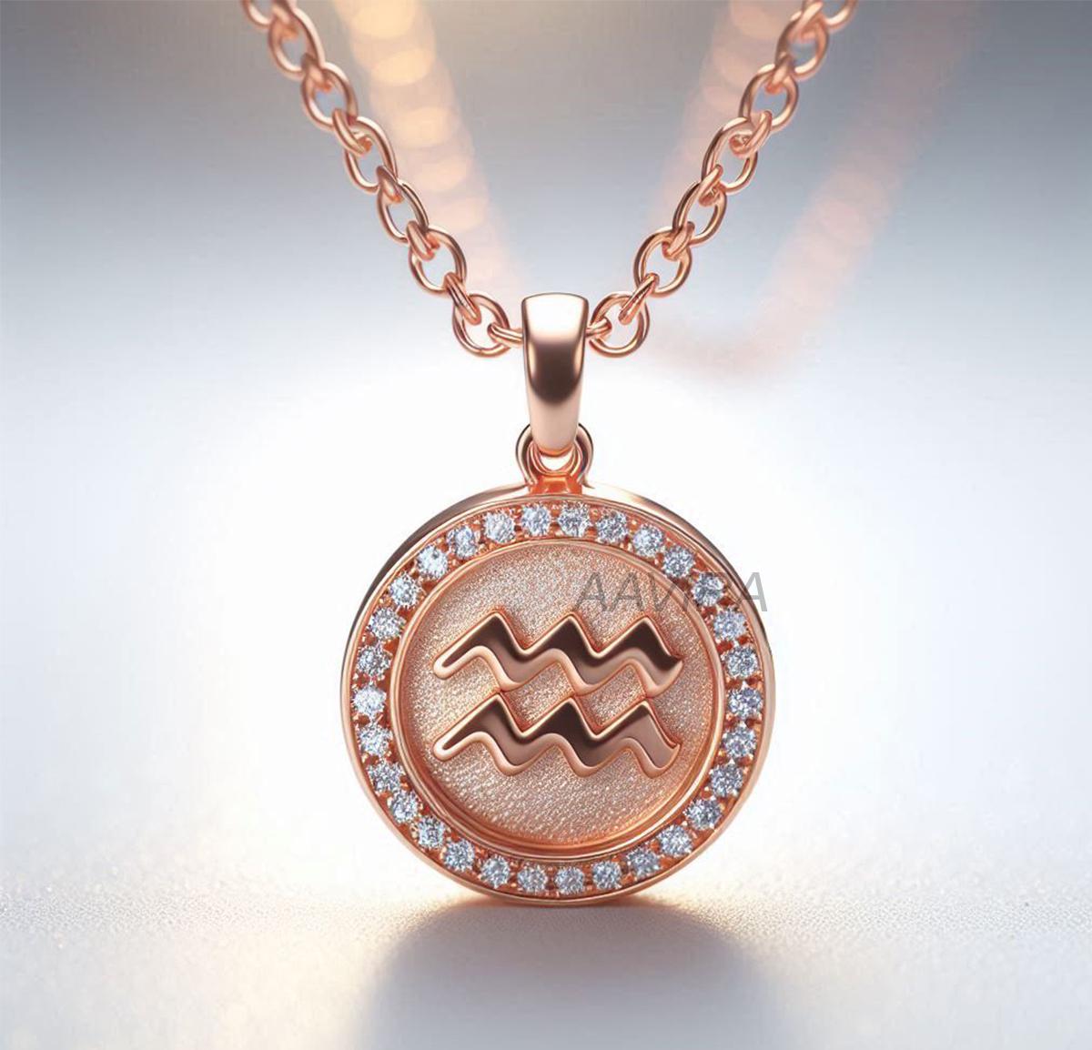 Aquarius Necklace, Aquarius Zodiac Necklace, 14k Rose Gold Necklace, Tiny Aquarius Symbol Necklace, Birthday Gift for Her, Astrology Pendant