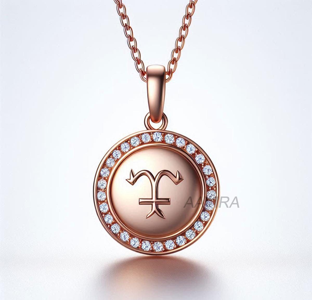 Aries Zodiac Pendant, Stylish Zodiac Necklace, 14k Rose Gold Zodiac Jewelry, Halo Diamond Chain Pendant, Aries Necklace, Handmade Jewelry