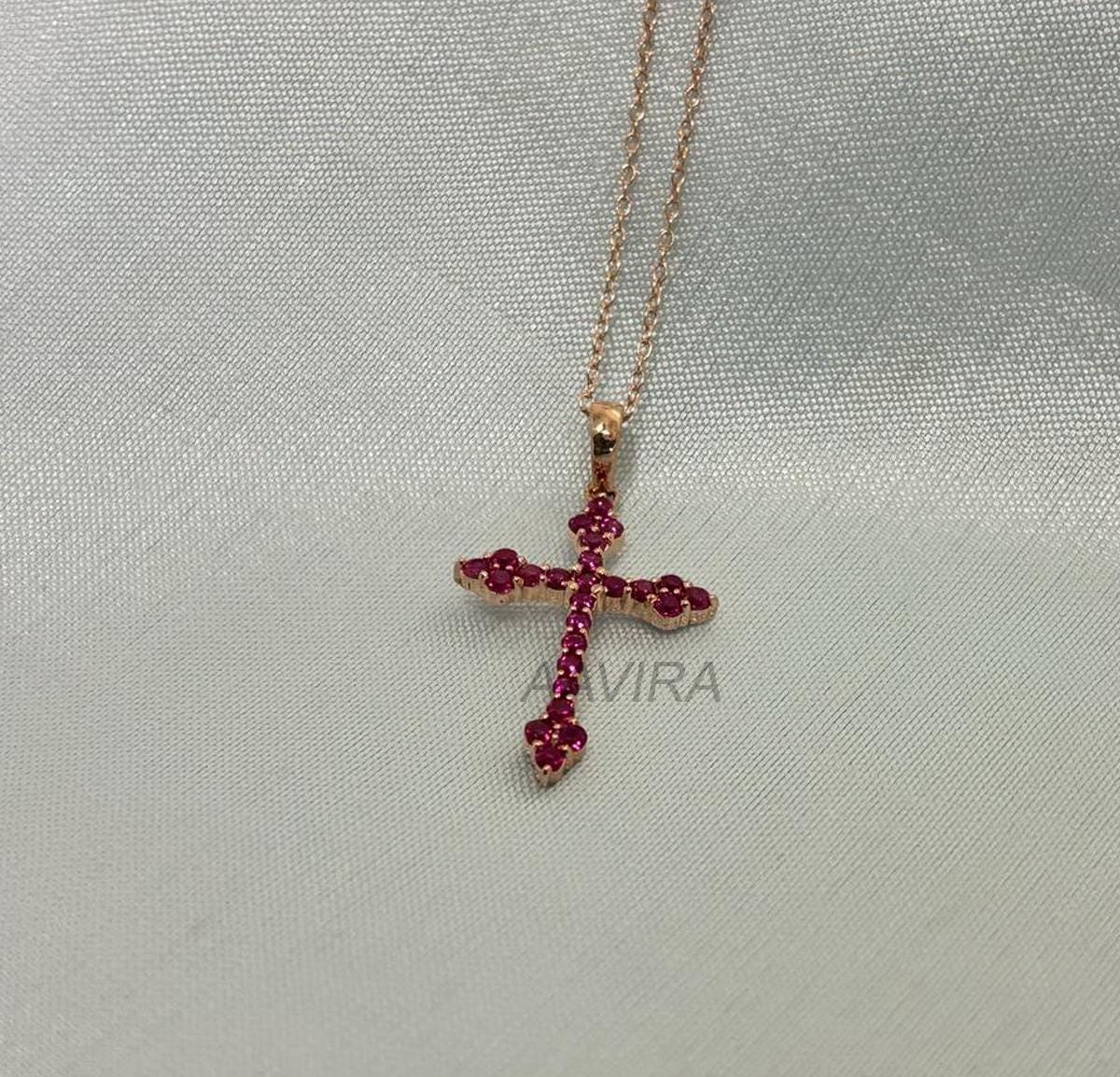 Ruby Cross Pendant, Ruby Cross Necklace, Religious Cross Jewelry, 14k Yellow Gold Plated Red Cross Pendant Necklace, July Birthstone Pendant