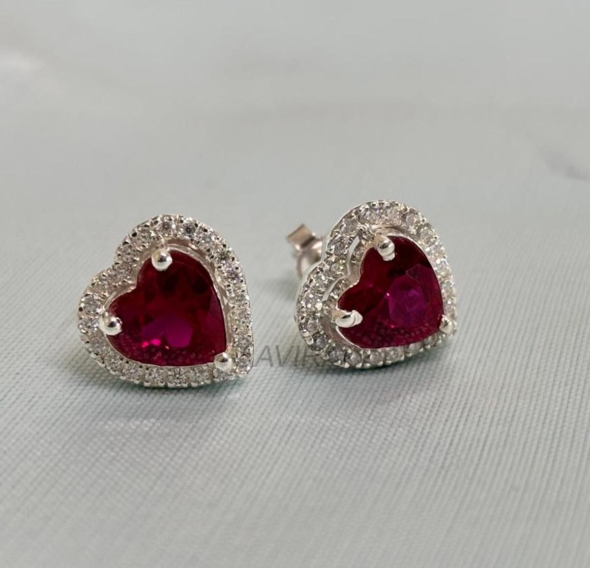 Ruby Stud Earrings, Heart Studs, Red Ruby Earrings, Halo Diamond Earrings, Push Back Earrings, Anniversary Gifts, Gemstone Earrings for Her