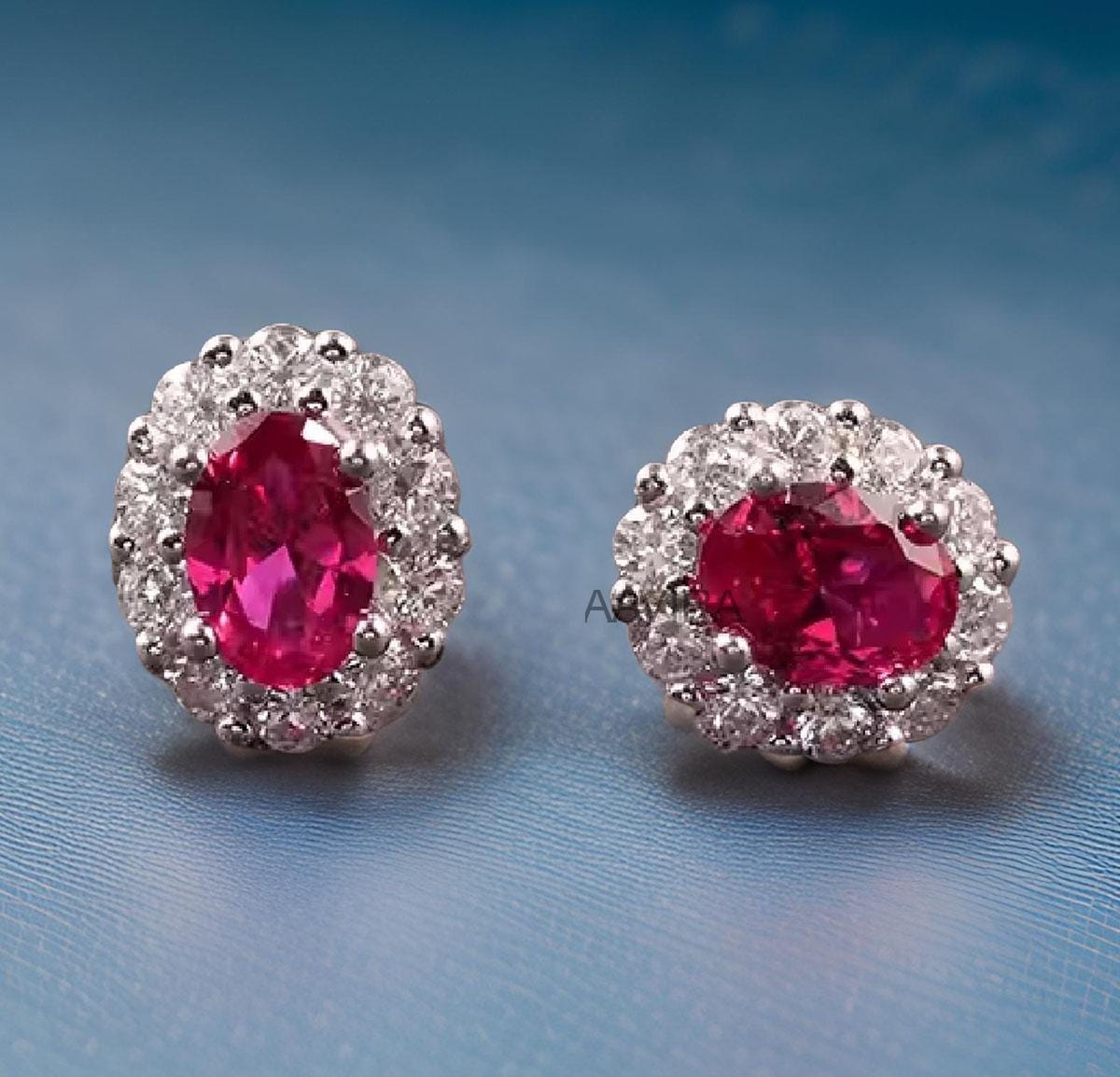 Oval Ruby Stud Earrings, Ruby Stud Earrings, 14K White Gold Diamond Earrings, Push Back Earring, Wedding Earrings for Women, Jewelry Gifts