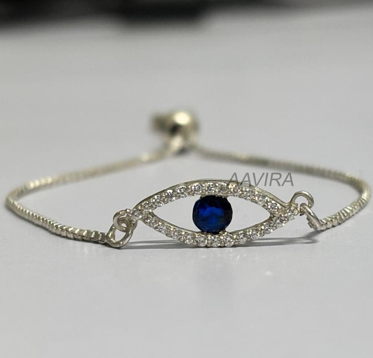 Dainty Evil Eye Bracelet for Women, Sapphire & Diamond Bracelet, Evil Eye Bracelet, Charm Bracelet, Bolo Bracelet, Protection Bracelet, Gift