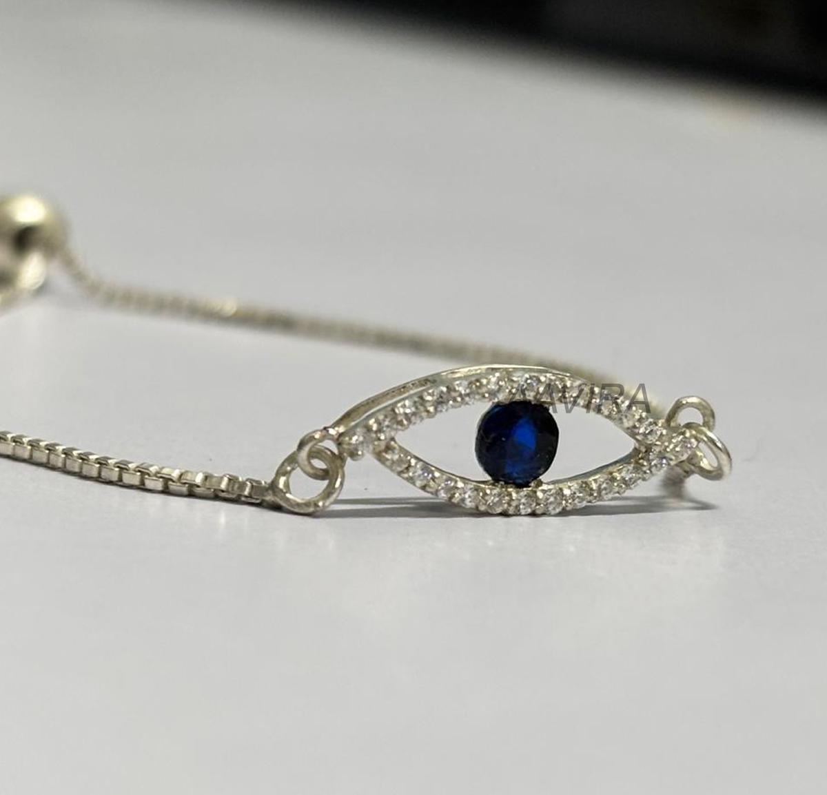 Dainty Evil Eye Bracelet for Women, Sapphire & Diamond Bracelet, Evil Eye Bracelet, Charm Bracelet, Bolo Bracelet, Protection Bracelet, Gift