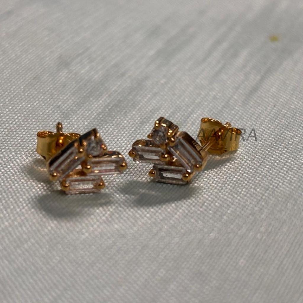 Baguette Diamond Stud Earrings for Women, Dainty Studs Earrings, Small Baby Baguette Studs, Baguette Diamond Stud , Daily Wear Earrings Her