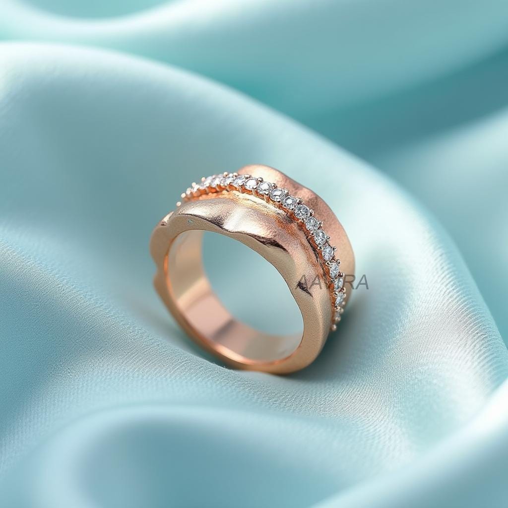 Modern Wavy Rose Gold Band | Wide Diamond Simulant Ring | Unique Statement Ring | Textured Wedding Band | Anniversary Ring | Gift for Her