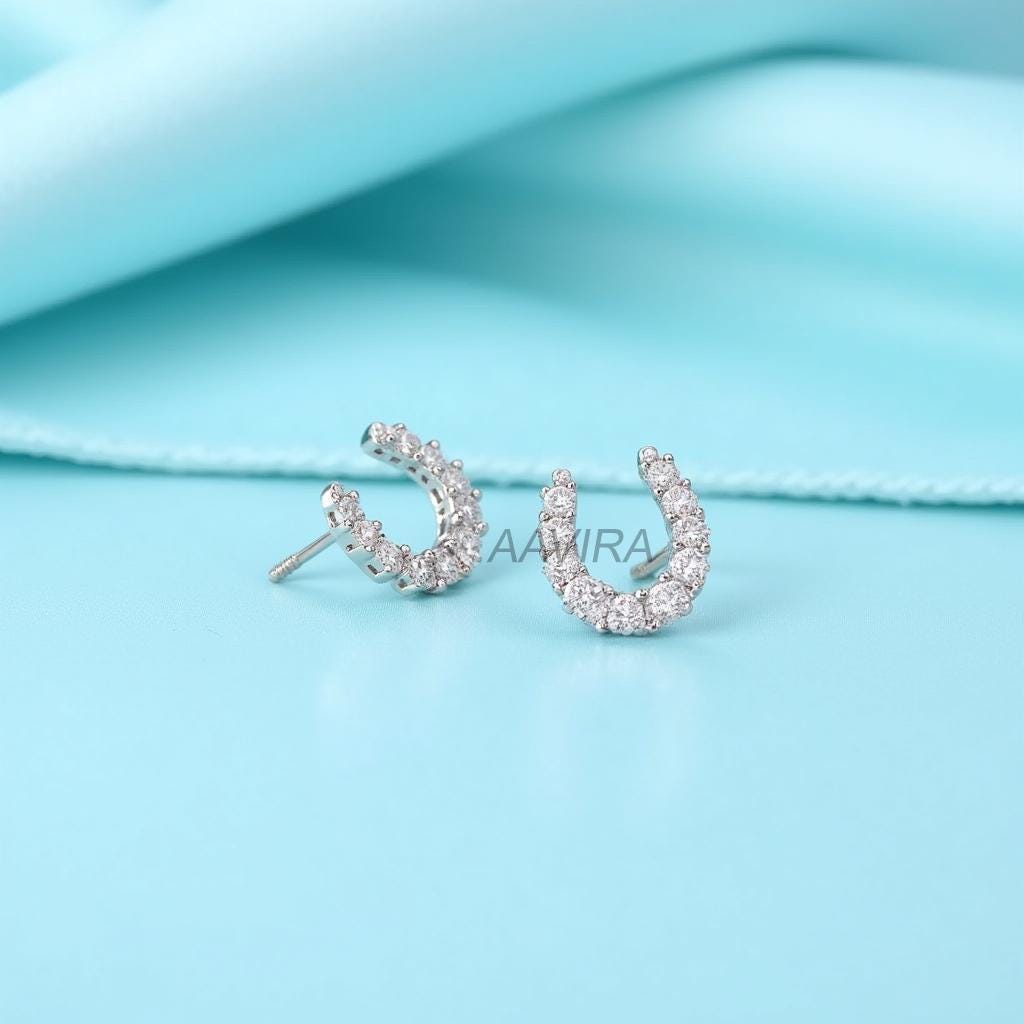 Sterling Silver Horseshoe Stud Earrings, Pave CZ Lucky Charm Earrings, Dainty Good Luck Jewelry, Equestrian Gift for Her, Minimalist Studs