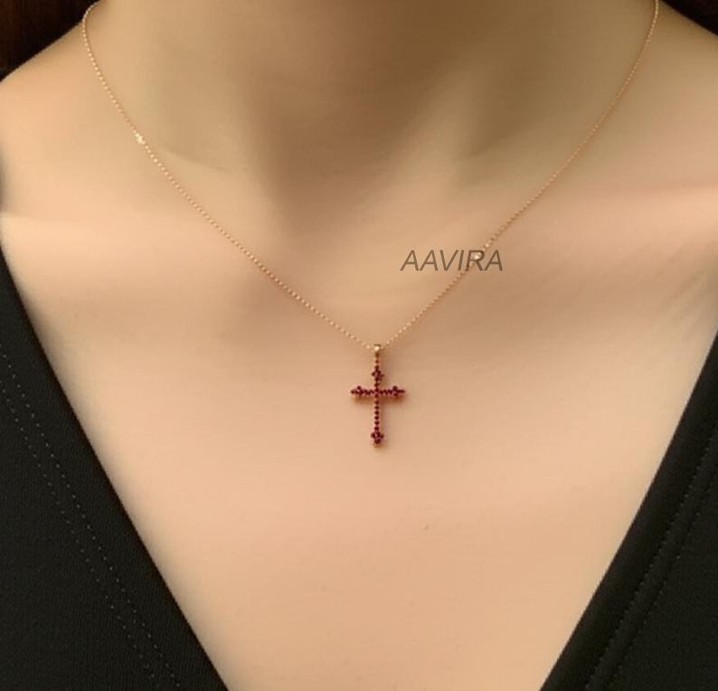 Ruby Cross Pendant, Ruby Cross Necklace, Religious Cross Jewelry, 14k Yellow Gold Plated Red Cross Pendant Necklace, July Birthstone Pendant