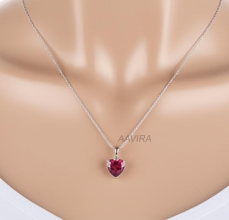Heart Ruby Necklace, Solitaire Heart Pendant, Handmade Heart Pendant With Cable Chain, Ruby Birthstone, Women Heart Jewelry, Love Gift Her