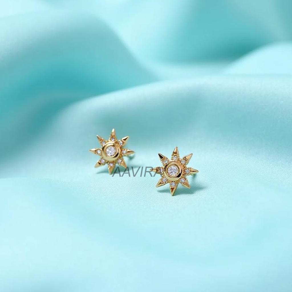 Dainty Sunburst Stud Earrings ƒ?› 14K Gold Plated 925 Sterling Silver ƒ?› Celestial CZ Sparkle ƒ?› Minimalist Everyday Jewelry ƒ?› Gift for Her