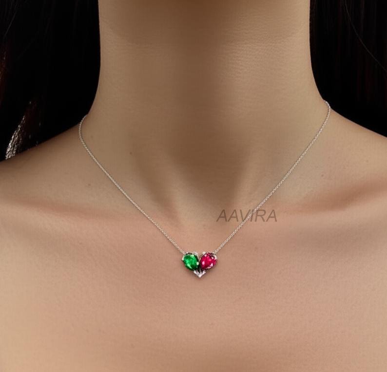 Heart Necklace, Bride and Groom Birthstone Necklace, Her and His Birthstone Matching Heart Necklace, Couples Birthstone Necklace