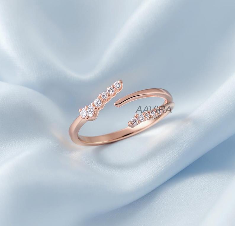14K Rose Gold Open Ring, Dainty Stacking Ring, Minimalist Moissanite Ring, Promise Ring, Unique Open Gap Engagement Band, Gift For Her