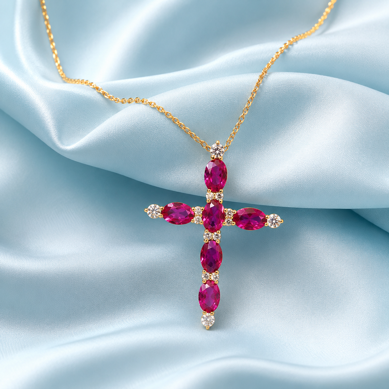 A gold cross pendant necklace featuring oval and marquise-cut pinkish-red gemstones and small clear accent stones, displayed on draped light blue satin fabric.