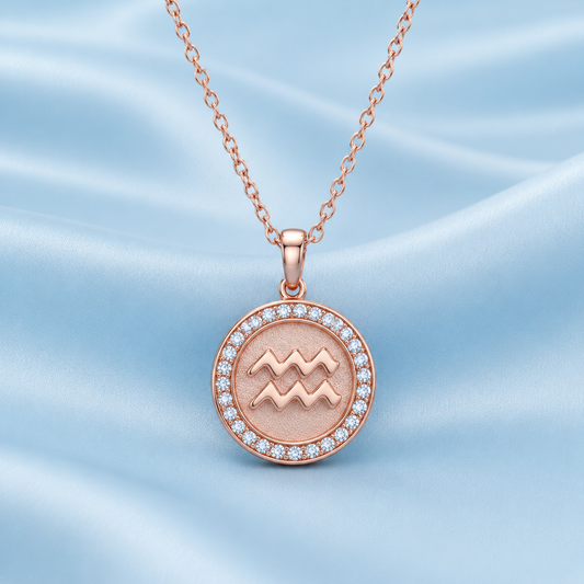 A rose gold pendant necklace featuring the Libra zodiac sign, set in a circular bezel with small clear stones, displayed on a light blue satin fabric background.