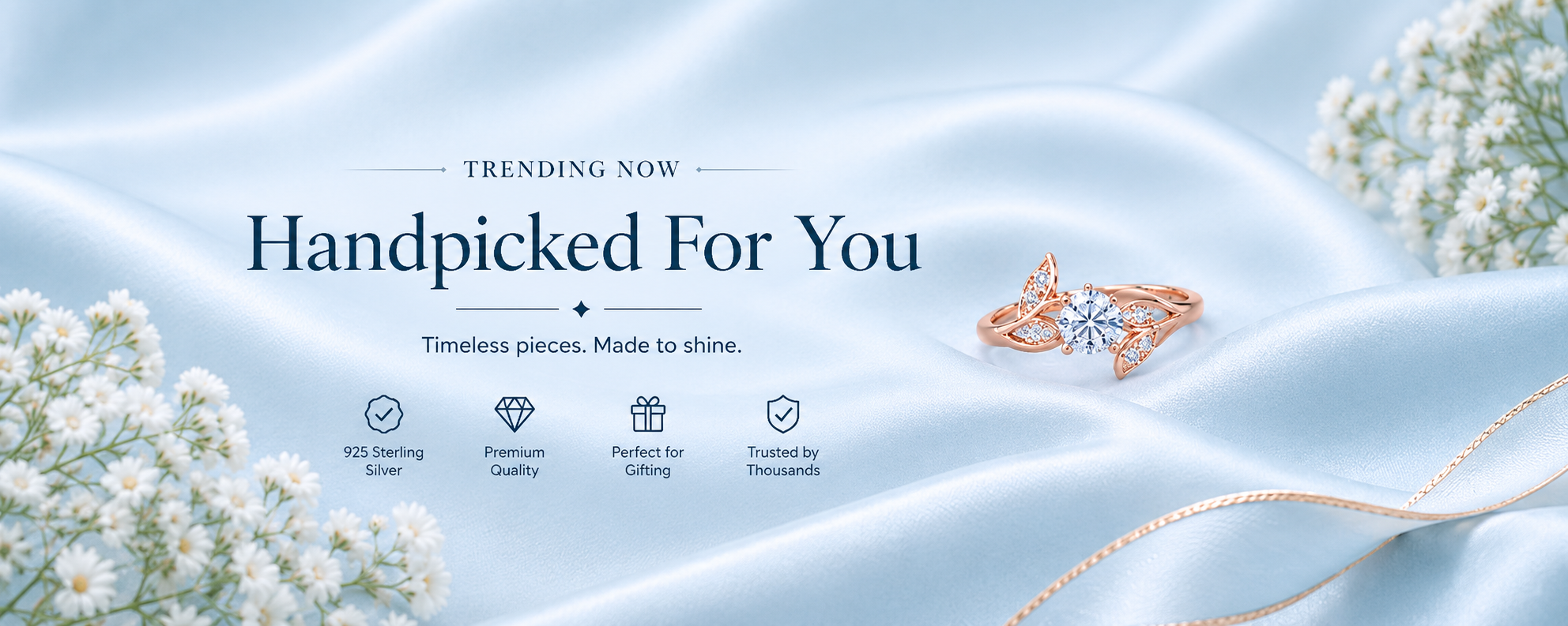 A promotional banner for jewelry featuring a rose gold ring with a clear center stone on a draped light blue satin fabric background, accented by white flowers and text reading 'Handpicked For You' and 'TRENDING NOW'.