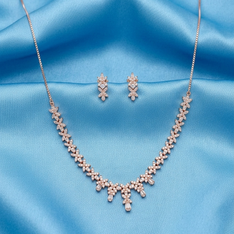 925 Sterling Silver Rose Gold Plated Moissanite Floral Necklace & Earrings Set | Elegant Bridal Wedding Jewelry for Women