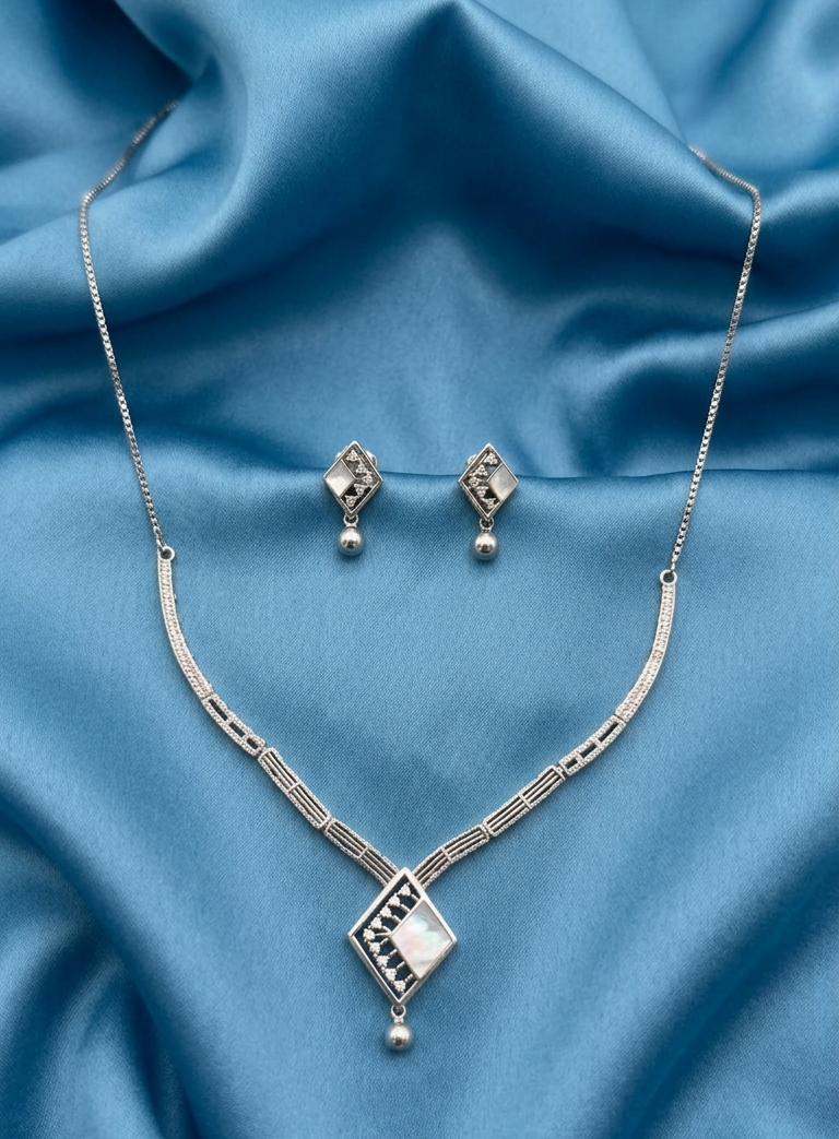 925 Sterling Silver Moissanite Geometric Pendant Necklace & Earrings Set | Modern Designer Jewelry for Women
