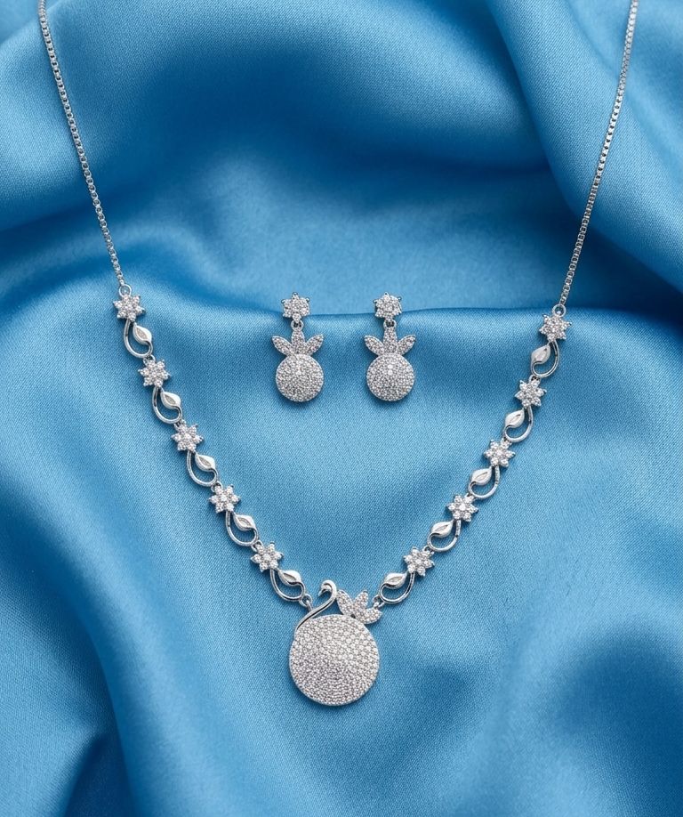 925 Sterling Silver Moissanite Floral Circle Pendant Necklace & Earrings Set | Elegant Bridal Jewelry for Women