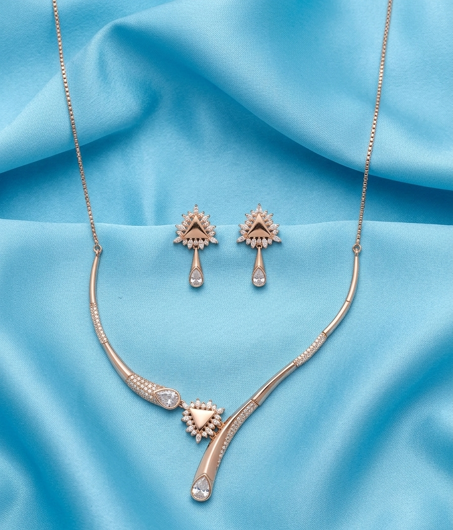 925 Sterling Silver Rose Gold Plated Moissanite Y Necklace & Earrings Set | Geometric Bridal Jewelry for Women