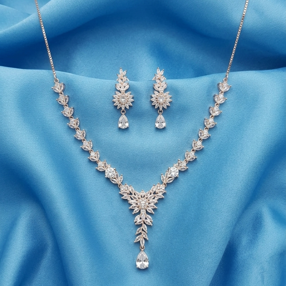 925 Sterling Silver Moissanite Floral Leaf Necklace & Earrings Set | Elegant Bridal Wedding Jewelry for Women