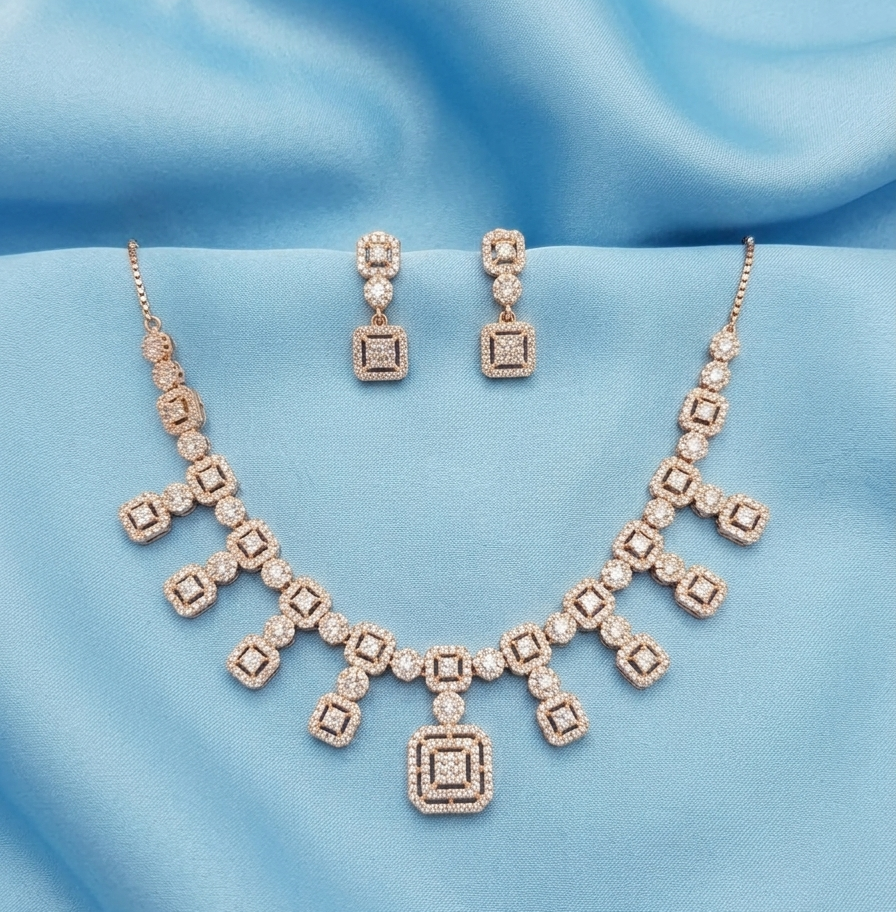 925 Sterling Silver Rose Gold Plated Geometric Square Moissanite Necklace & Earrings Set | Elegant Bridal Jewelry for Women