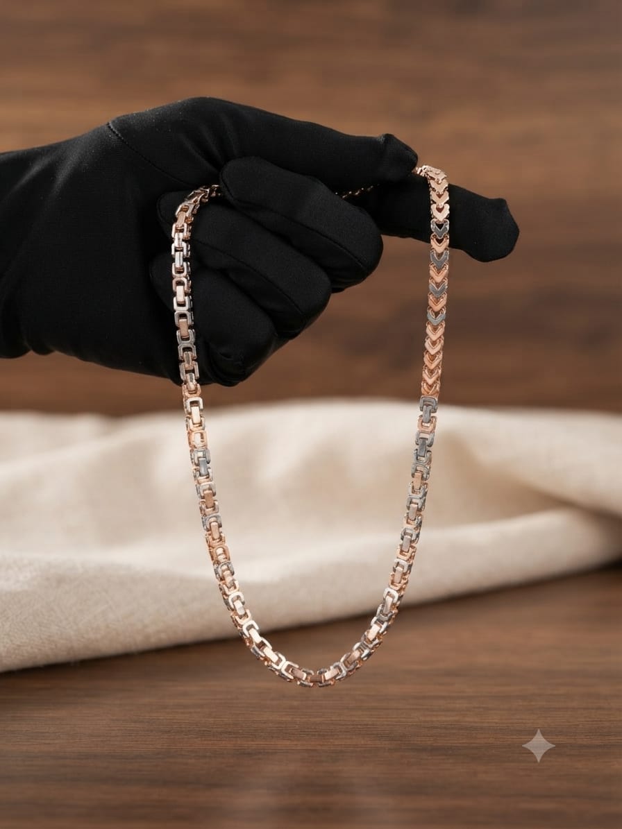Tri Tone Geometric Link Necklace, Rose Gold Silver Gold Chain, Men's Jewelry