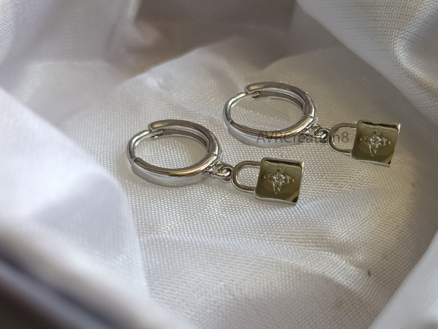 Sterling Silver Lock Dangle Hoop Earrings, Dainty Love Jewelry, Charm Huggie Hoops, Unique Dangle Hoops, Lock Earrings, Diamond Hoop Earring
