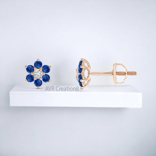 Flower Design Stud Earrings, September Birthstone Earrings, Blue Sapphire and Diamond Stud Earrings, Gift for Mom, Valentine's Gifts For Her