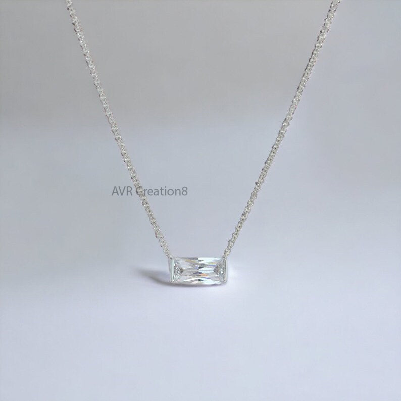 Dainty Gold Baguette Cut Necklace | Bezel Set Clear Gemstone Pendant | Minimalist Everyday Gold Chain | Anniversary Gift For Her