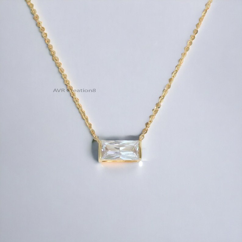 Dainty Gold Baguette Cut Necklace | Bezel Set Clear Gemstone Pendant | Minimalist Everyday Gold Chain | Anniversary Gift For Her